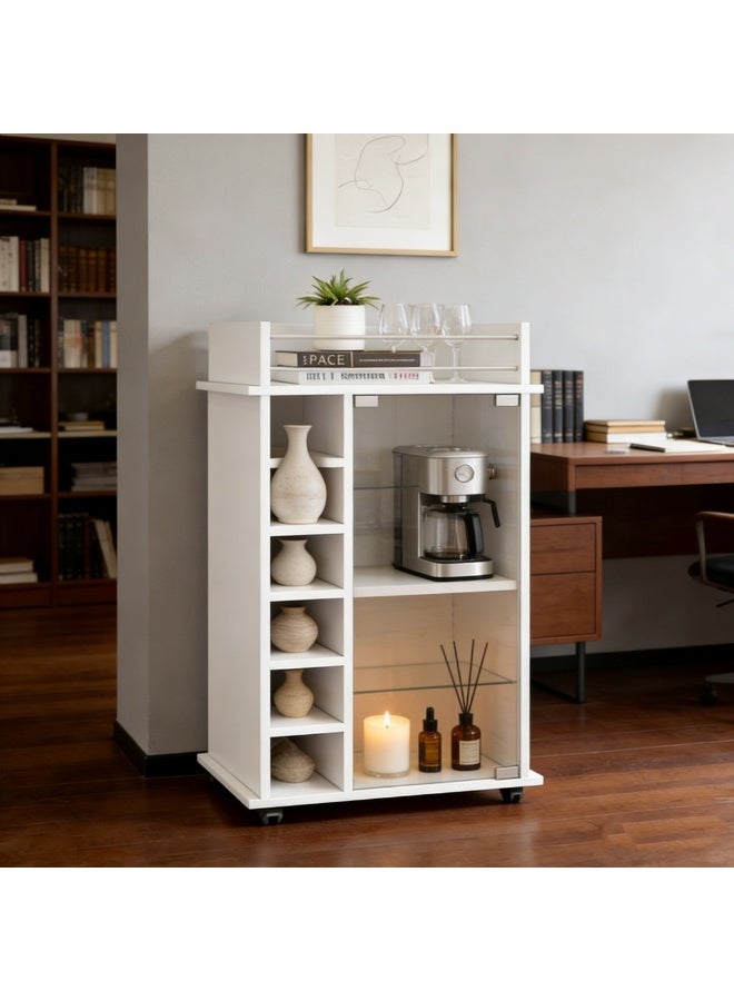 خزانة التخزين المتداولة مع Cubbies المفتوحة والرفوف الزجاجية ، عرض جوال أبيض جانبي مع عجلات ، منظم رف الكتب متعدد الوظائف لغرفة المعيشة ، المكتب المنزلي ، المطبخ ، غرفة الطعام (JJ003) - Image 1